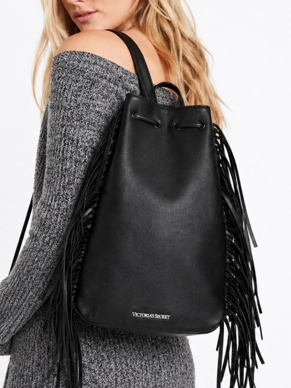 Victoria's Secret Black Leather Fringe Drawstring Backpack